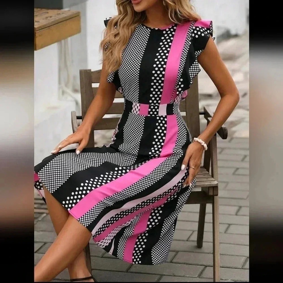 Polka Dot & Striped Print Ruffle Trim Dress - Picture 2 of 8